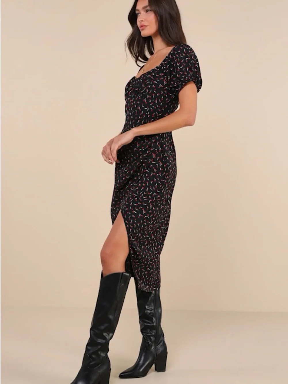 Lulus Compelling Flirt Black Floral Lace-Up Puff Sleeve Midi Dress Size S NWT - Picture 2 of 11